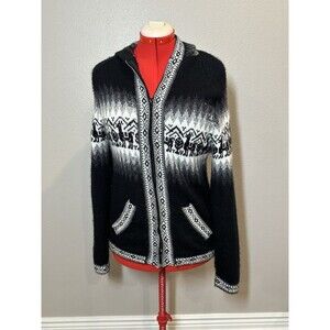 Handmade Peruvian Alpaca Wool Blend Knit Zip hoodie Sweater Medium Black & White